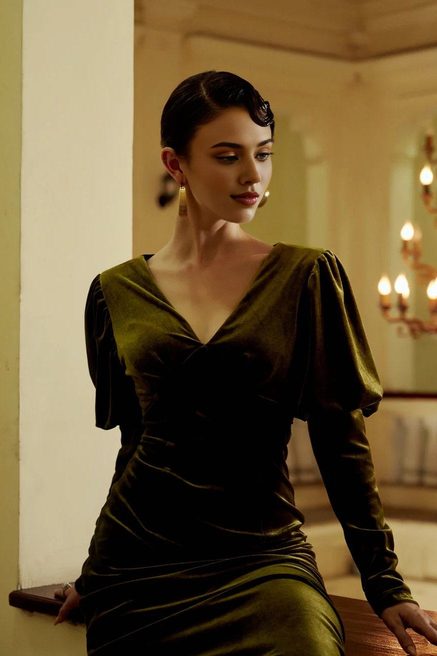 Elegante vestido de noche clásico de terciopelo para graduación, sencillo, de terciopelo, para dama de honor, para invitada de boda, de terciopelo, con mangas largas, escote en V y mangas abullonadas.